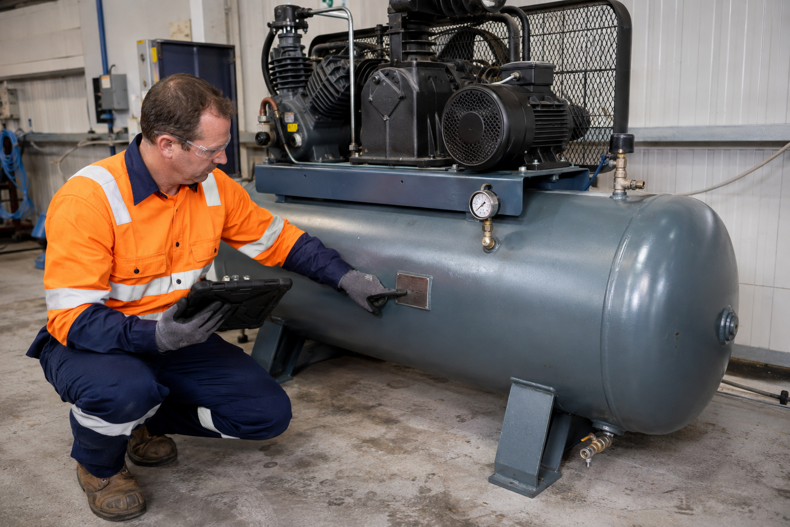 Inspector reviewing an air receiver nameplate beside a workshop compressor